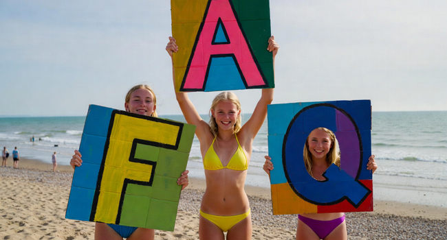 Drei Schülerinnen am Strand in Brighton halten große FAQ-Buchstaben während einer LISA! Schülersprachreise in England