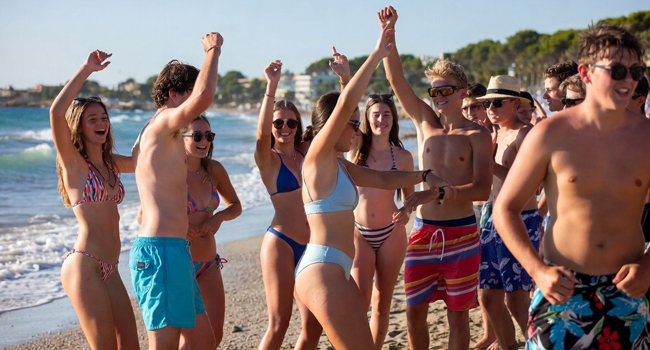 Sprachreise Mallorca Premium mit LISA! – Strand, Gemeinschaft und unvergessliche Erlebnisse für Young Adults Young Adults am Strand in Mallorca während einer LISA! Sprachreise feiern gemeinsam und genießen Sonne und Meer