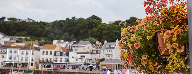 Häuserzeile am Meer mit Restaurants, im Vordergrund Blumen